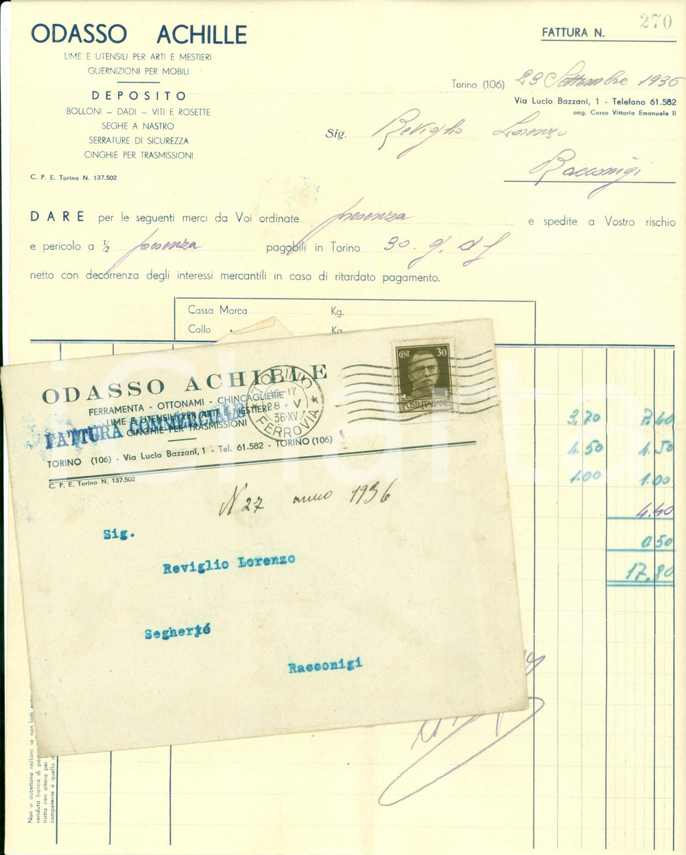 Documento originale, autentico 1936 TORINO Achille ODASSO lime utensili arti mestieri Fattura commerciale 1