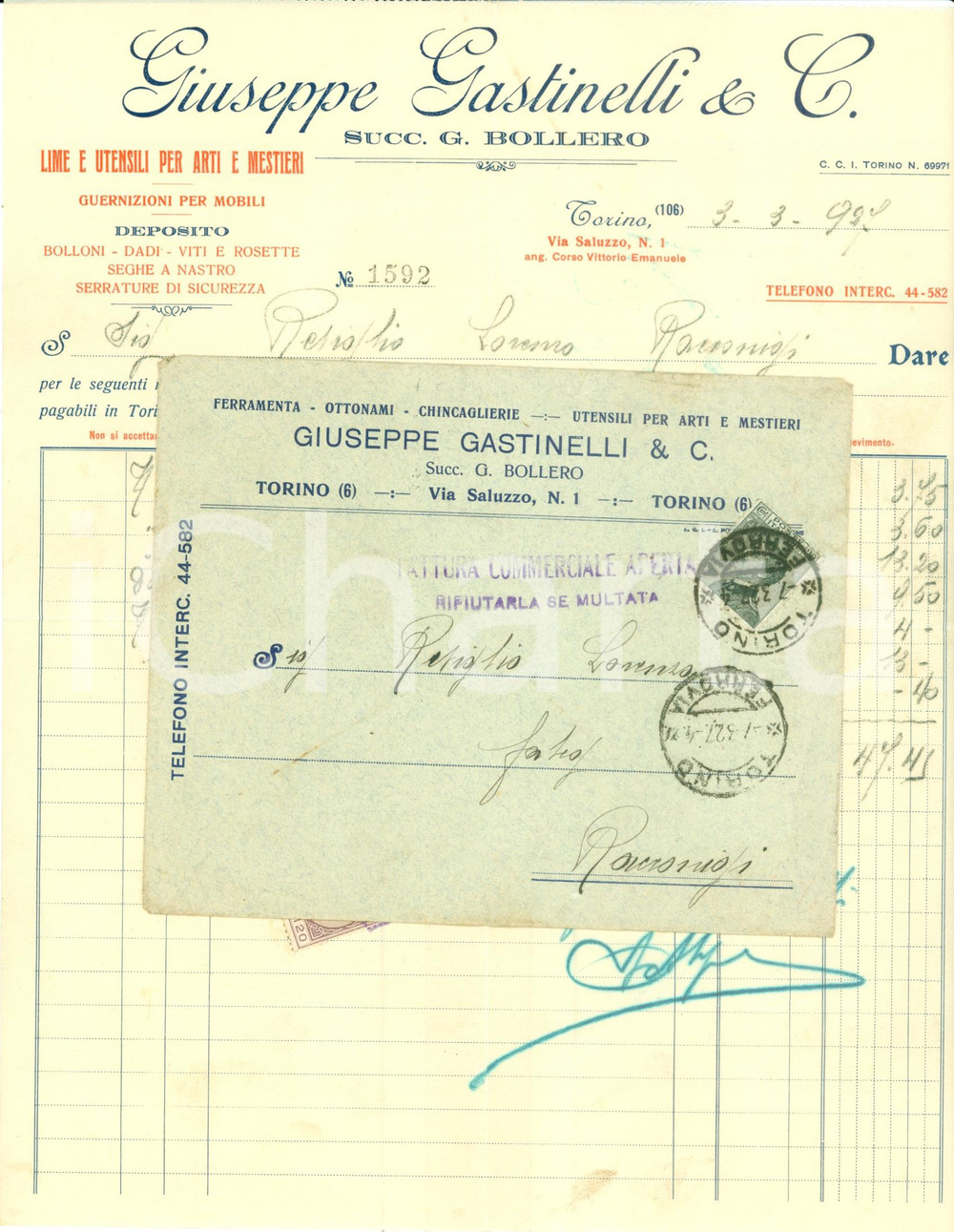 Documento originale, autentico 1927 TORINO Giuseppe GASTINELLI lime utensili arti mestieri Fattura commerciale 1