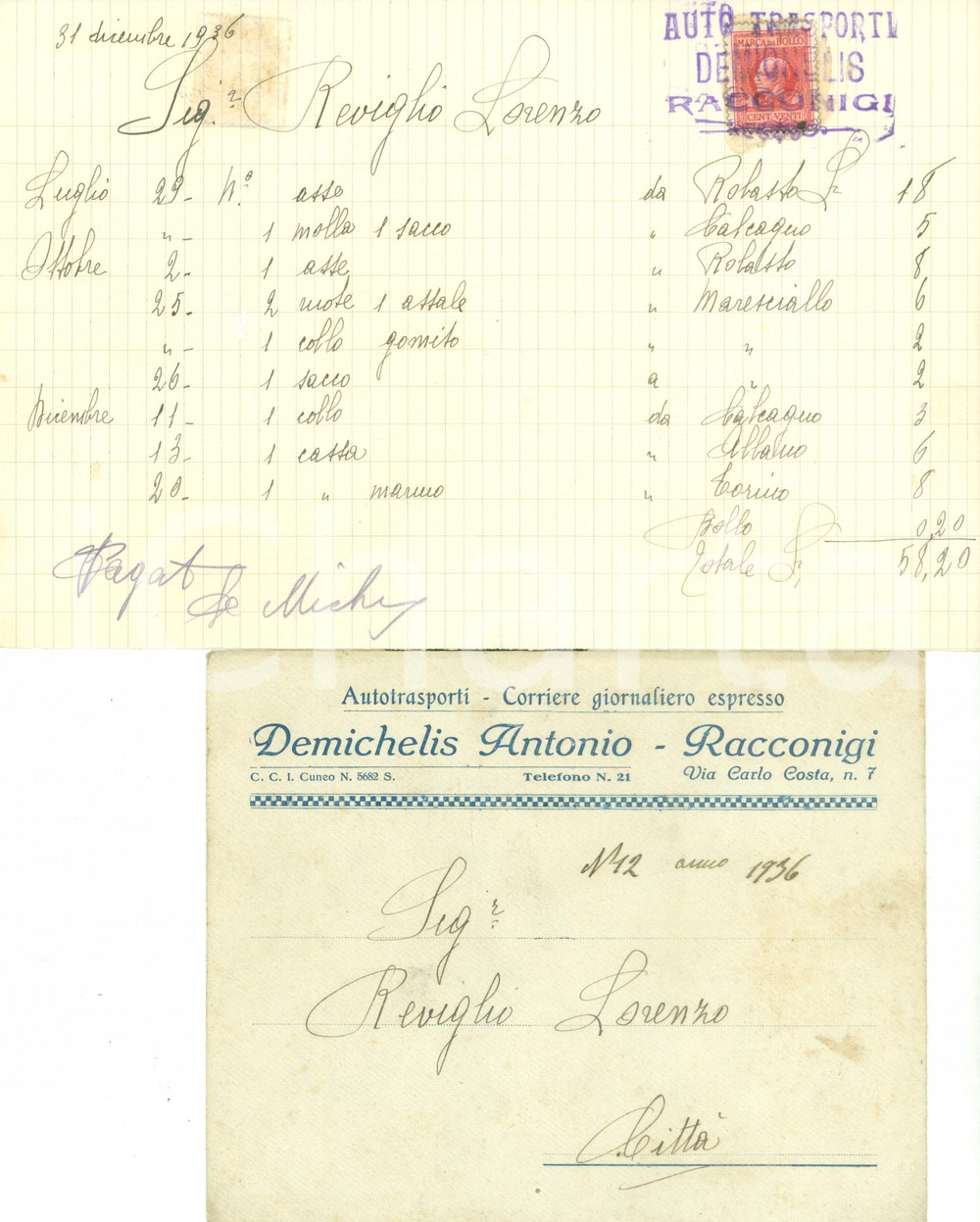 Documento originale, autentico 1936 RACCONIGI CN Antonio DEMICHELIS autotrasporti corriere giornalieri 1