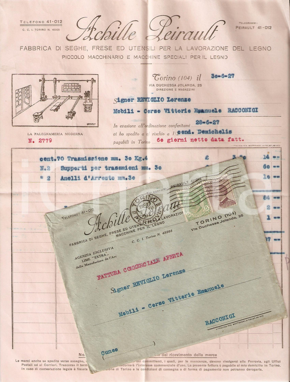 Documento originale, autentico 1927 TORINO Achille PEIRAULT Fabbrica di seghe e frese Fattura ILLUSTRATA 1