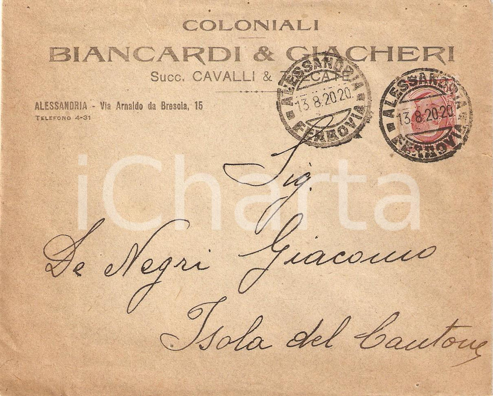 Oggetto da collezione cartaceo 1920 ALESSANDRIA Coloniali BIANCARDI E GIACHERI Busta VUOTA 1