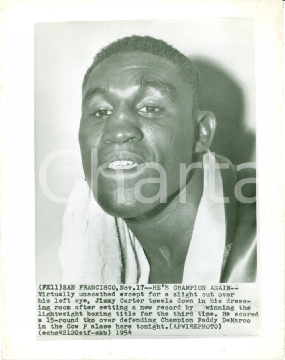 Fotografia d epoca originale 1954 SAN FRANCISCO USA Boxe Pugile Jimmy CARTER campione pesi leggeri TELEFOTO 1