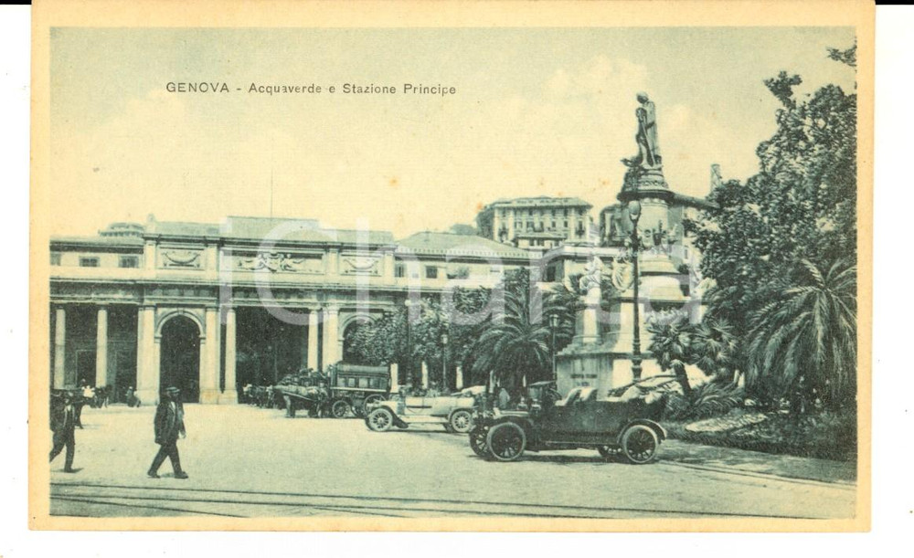 Cartolina originale da collezione 1915 ca GENOVA Acquaverde e Stazione PRINCIPE Cartolina ANIMATA auto FP NV 1