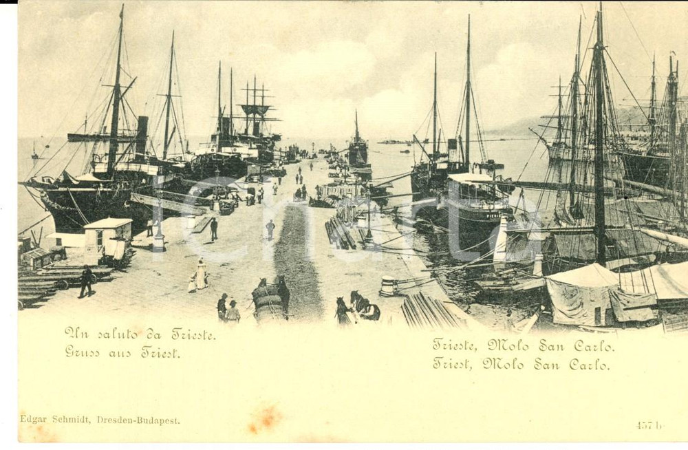 Cartolina originale da collezione 1900 ca TRIESTE Veduta molo SAN CARLO Cartolina ANIMATA navi FP NV 1