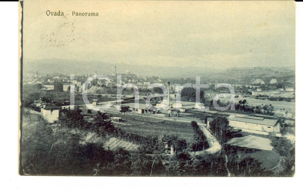 Cartolina originale da collezione 1917 OVADA AL Panorama del paese con fabbrica Cartolina FP VG 1