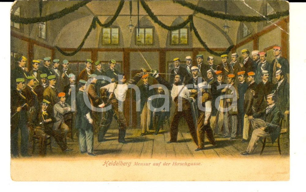 Cartolina originale da collezione 1907 HEIDELBERG Mensur auf der Hirschgasse Cartolina ILLUSTRATA FP VG 1
