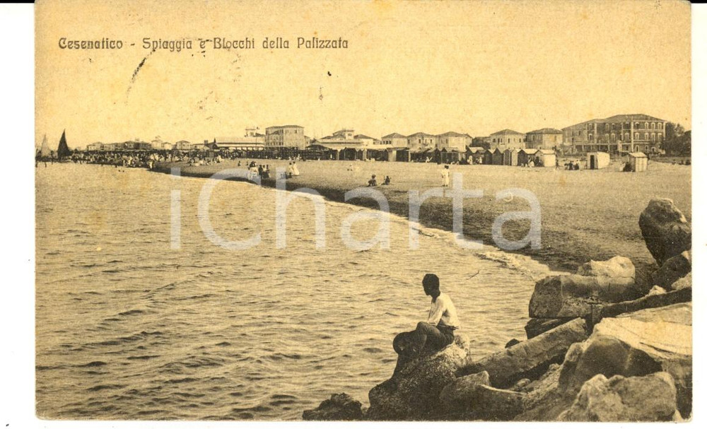 Cartolina originale da collezione 1920 CESENATICO FC Spiaggia e blocchi della Palizzata Cartolina FP VG 1