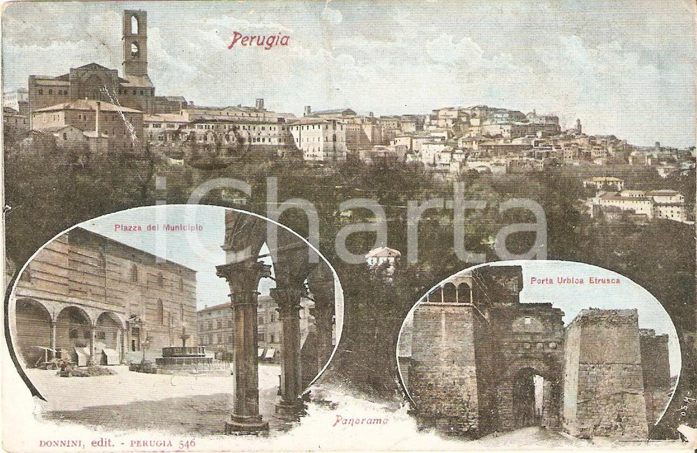 Cartolina originale da collezione 1910 ca PERUGIA Vedutine Porta Urbica Etrusca e Municipio Cartolina FP VG 1