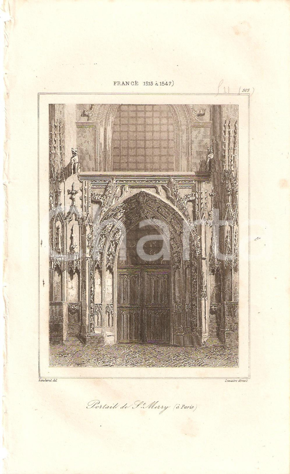 Stampa, bozzetto originale 1840 PARIS Portail de SAINT MERRI  L Univers Stampa Inc. LEMAITRE 1