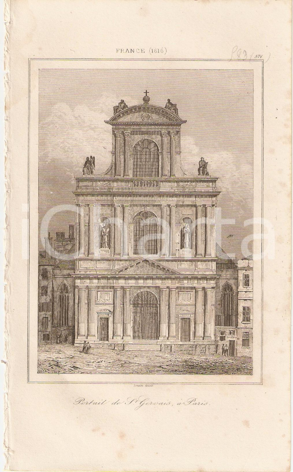 Stampa, bozzetto originale 1840 PARIS Portail de Saint Gervais  L Univers Stampa Inc. LEMAITRE 1