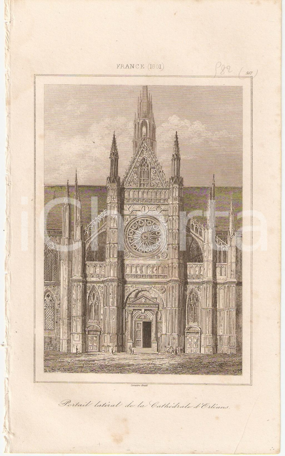 Stampa, bozzetto originale 1840 ORLEANS FRANCE Portail latÃ©ral de la CathÃ©drale  L Univers Inc. LEMAITRE 1