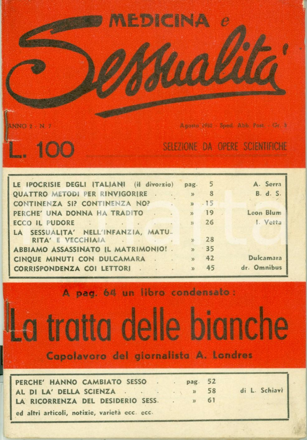 Giornale, rivista storica 1952 MEDICINA E SESSUALITA  La tratta delle bianche Rivista 1