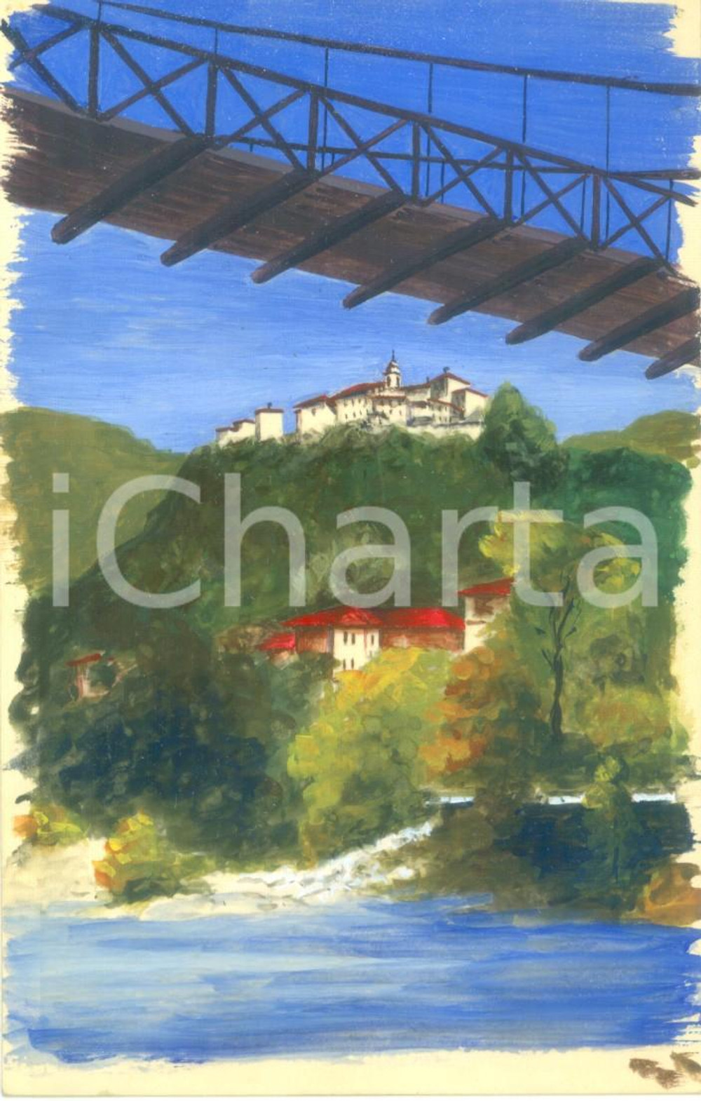 Cartolina originale da collezione 1950 ca VARALLO SESIA VC Scorcio del Sacro Monte Cartolina COLORATA A MANO 1