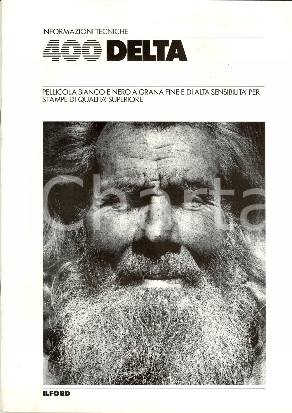 Materiale pubblicitario d’epoca 1990 ca ORIGGIO ILFORD ANITEC Pellicola fotografica bianco e nero 400 DELTA 1 1