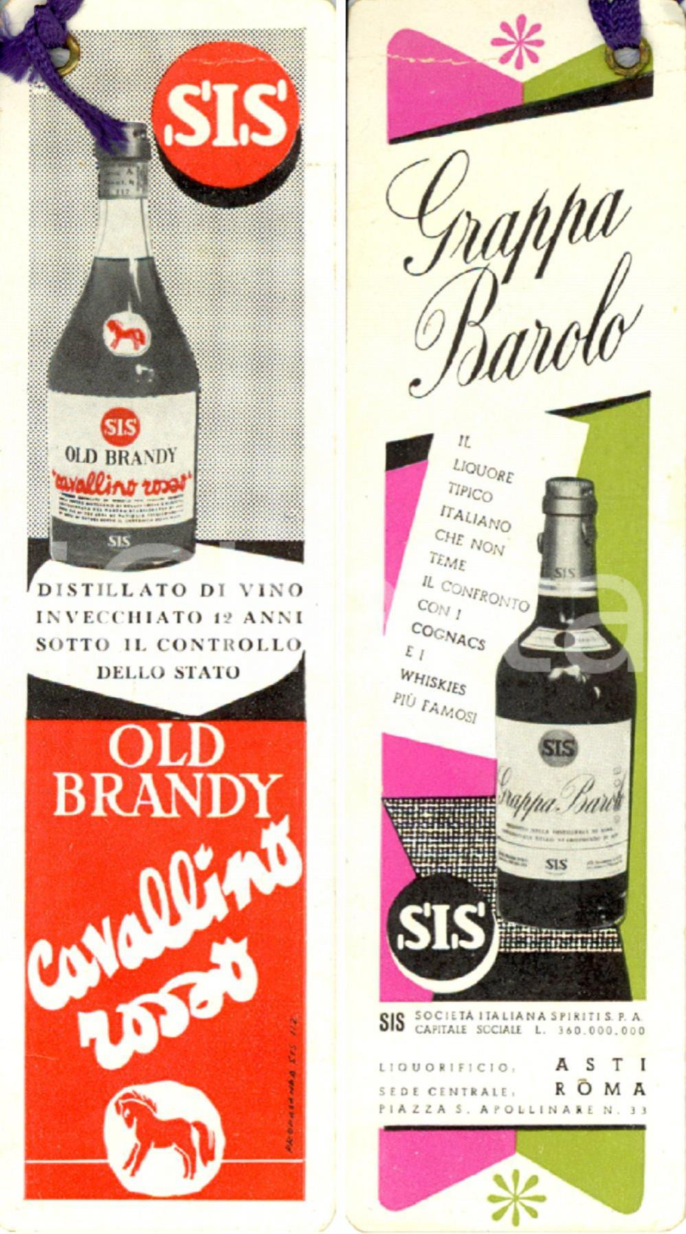 Materiale pubblicitario d’epoca 1960 ca ROMA Liquorificio S.I.S. Old brandy CAVALLINO ROSSO  Grappa BAROLO 1