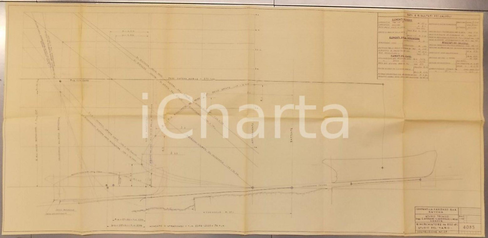 Mappa, planimetria storica 1950 ca GENOVA Ingg. AVERAME  DE FERRARI  MULAS Studio per varo rimorchiatore 1