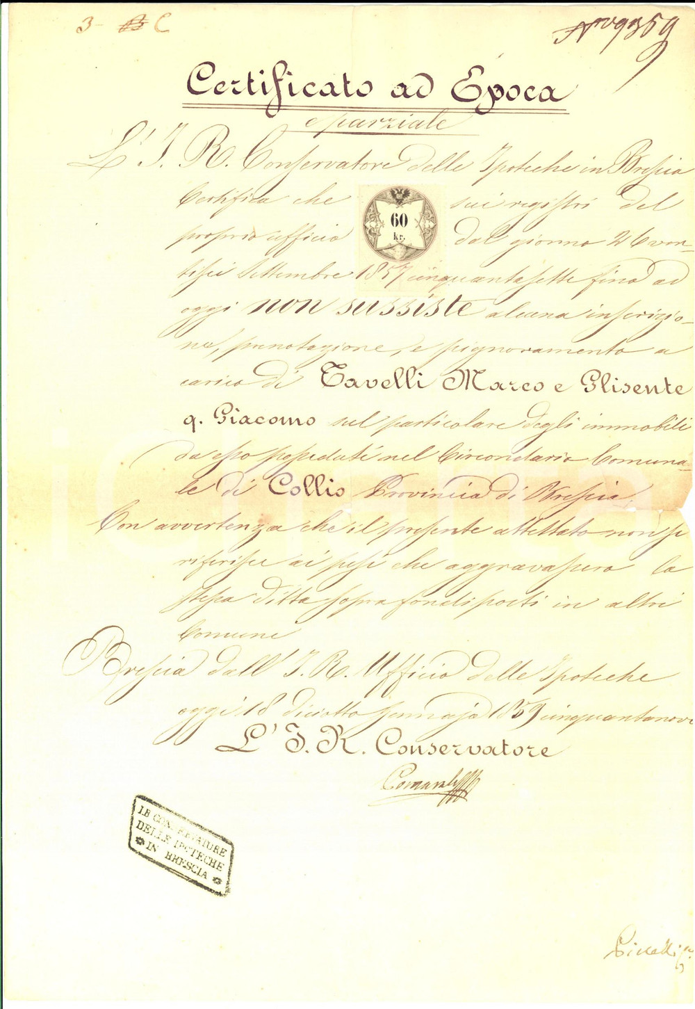 Documento originale, autentico 1859 COLLIO BS Iscrizioni su immobili di Marco e Glisente TAVELLI Documento 1