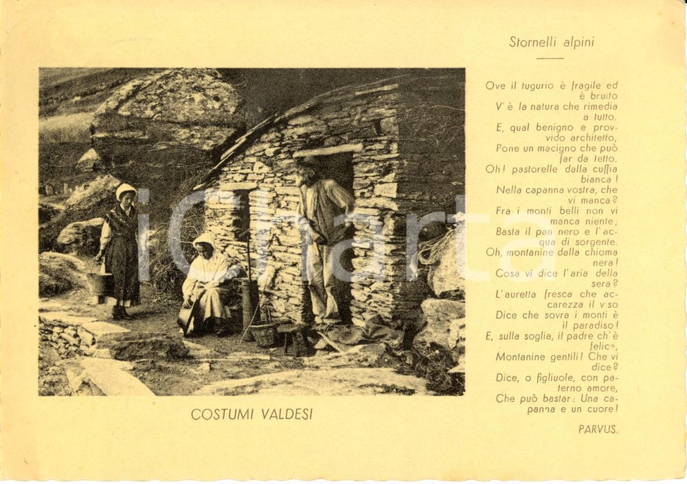 Cartolina originale da collezione 1952 COSTUMI VALDESI Alessandro Pasquet PARVUS Stornelli alpini ANIMATA FG VG 1