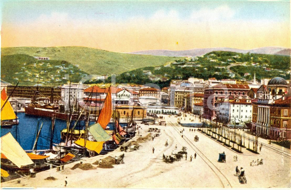 Cartolina originale da collezione 1920 ca TRIESTE Corso CAVOUR con barche attraccate al molo Cartolina FP NV 1