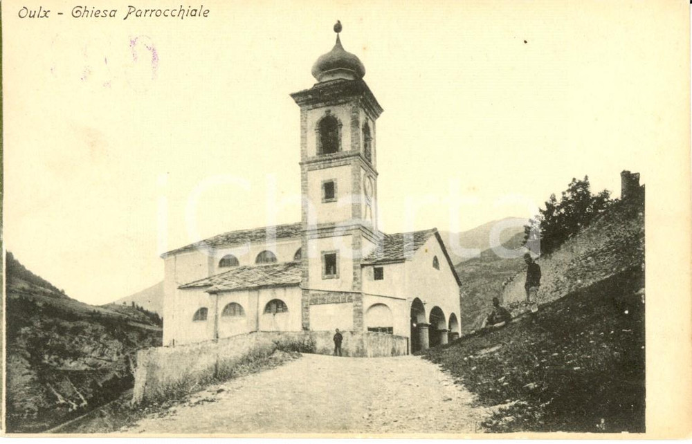 Cartolina originale da collezione 1900 ca OULX TO Chiesa parrocchiale di SANTA MARIA ASSUNTA ANIMATA FP NV 1