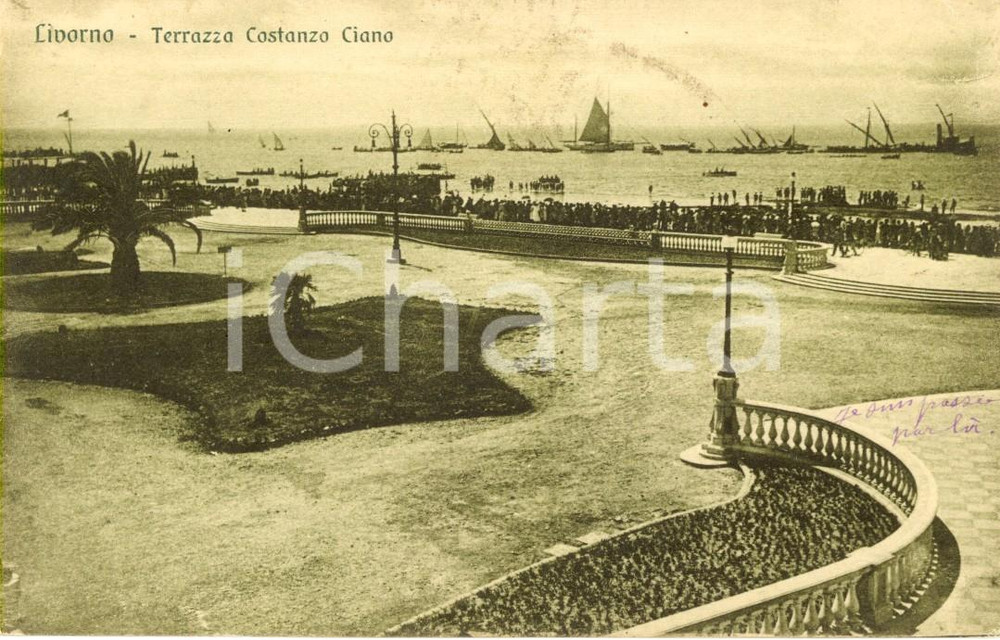 Cartolina originale da collezione 1928 LIVORNO Veduta della Terrazza Costanzo CIANO affollata di gente FP NV 1