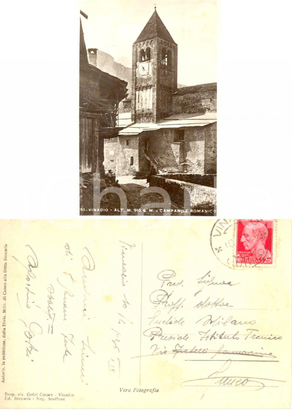 Autografo originale 1936 VINADIO CN Campanile romanico Autografo Agostino GOLZI FP VG 1