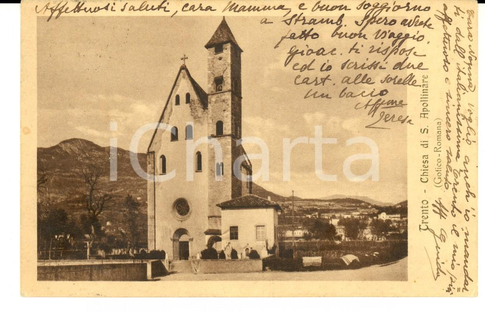 Autografo originale 1919 TRENTO Chiesa di Sant Apollinare Cartolina conti SAN MARTINO DI STRAMBINO 1