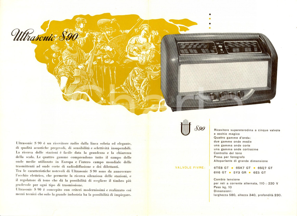 Materiale pubblicitario d’epoca 1950 ca Ricevitore radio ULTRASONIC S 90 Opuscolo pubblicitario ILLUSTRATO 1