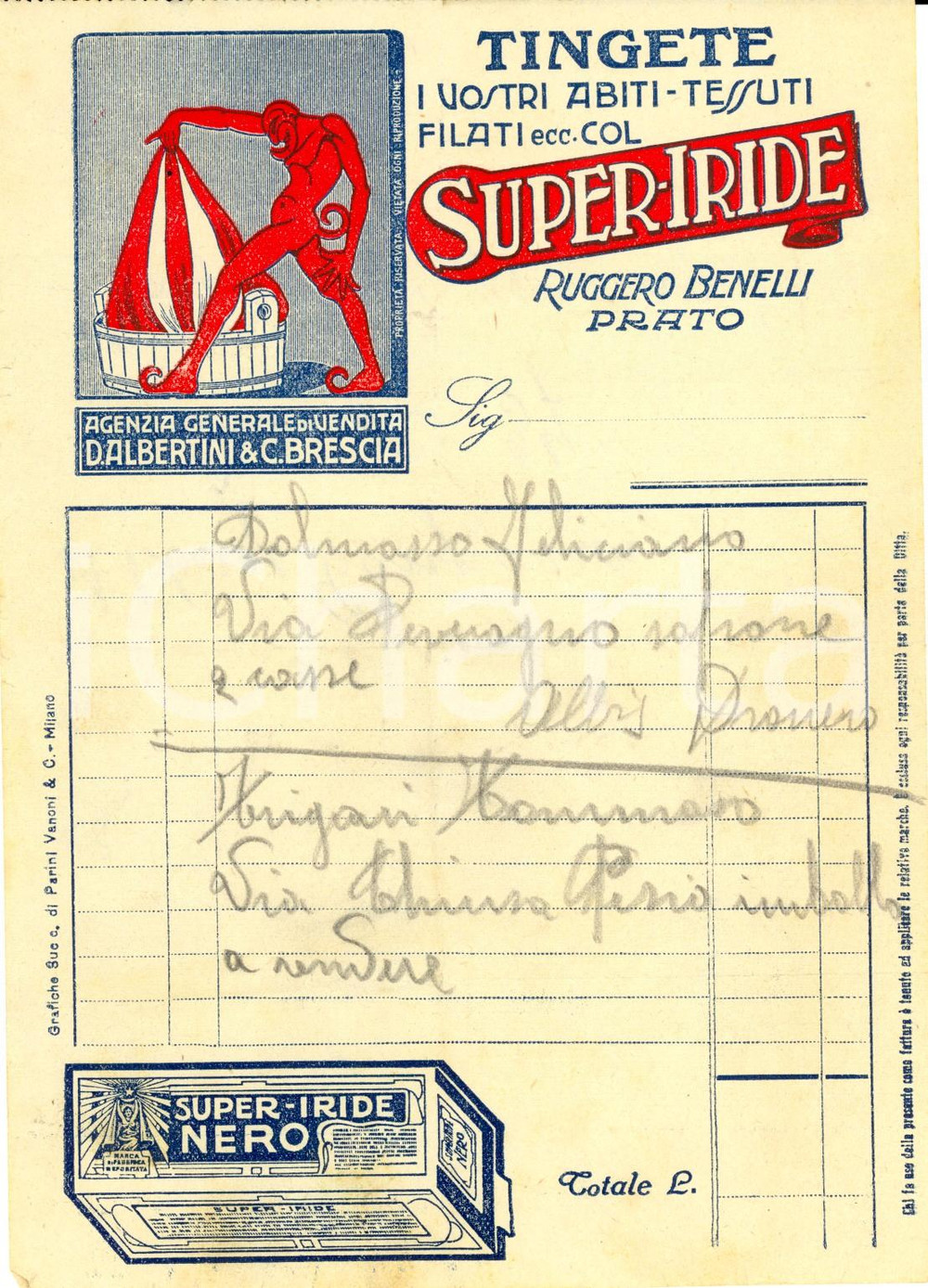Documento originale, autentico 1930 ca BRESCIA D. ALBERTINI agente SUPERIRIDE di Ruggero BENELLI Fattura 1