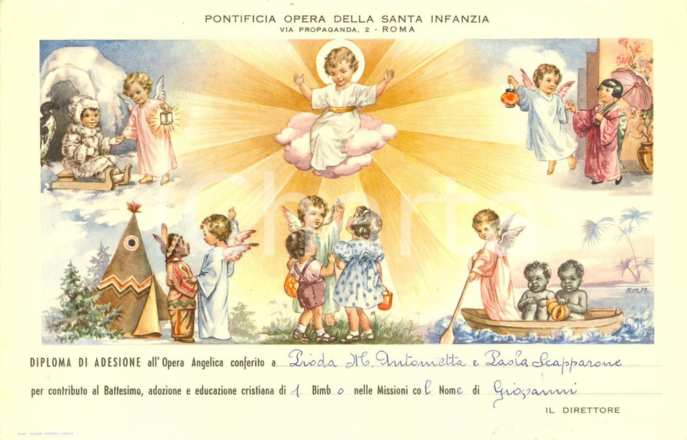 Documento originale, autentico 1960 ca ROMA Potificia Opera Santa Infanzia Diploma di adesione ILLUSTRATO 1