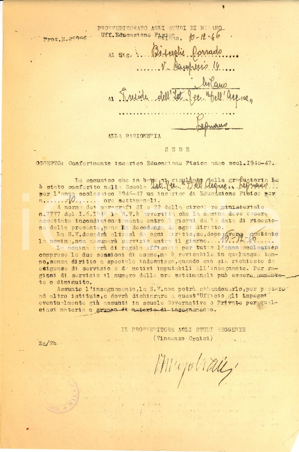 Documento originale, autentico 1946 MILANO Provveditorato Studi Nomina insegnante scuola DELL AGNESE di LEGNANO 1