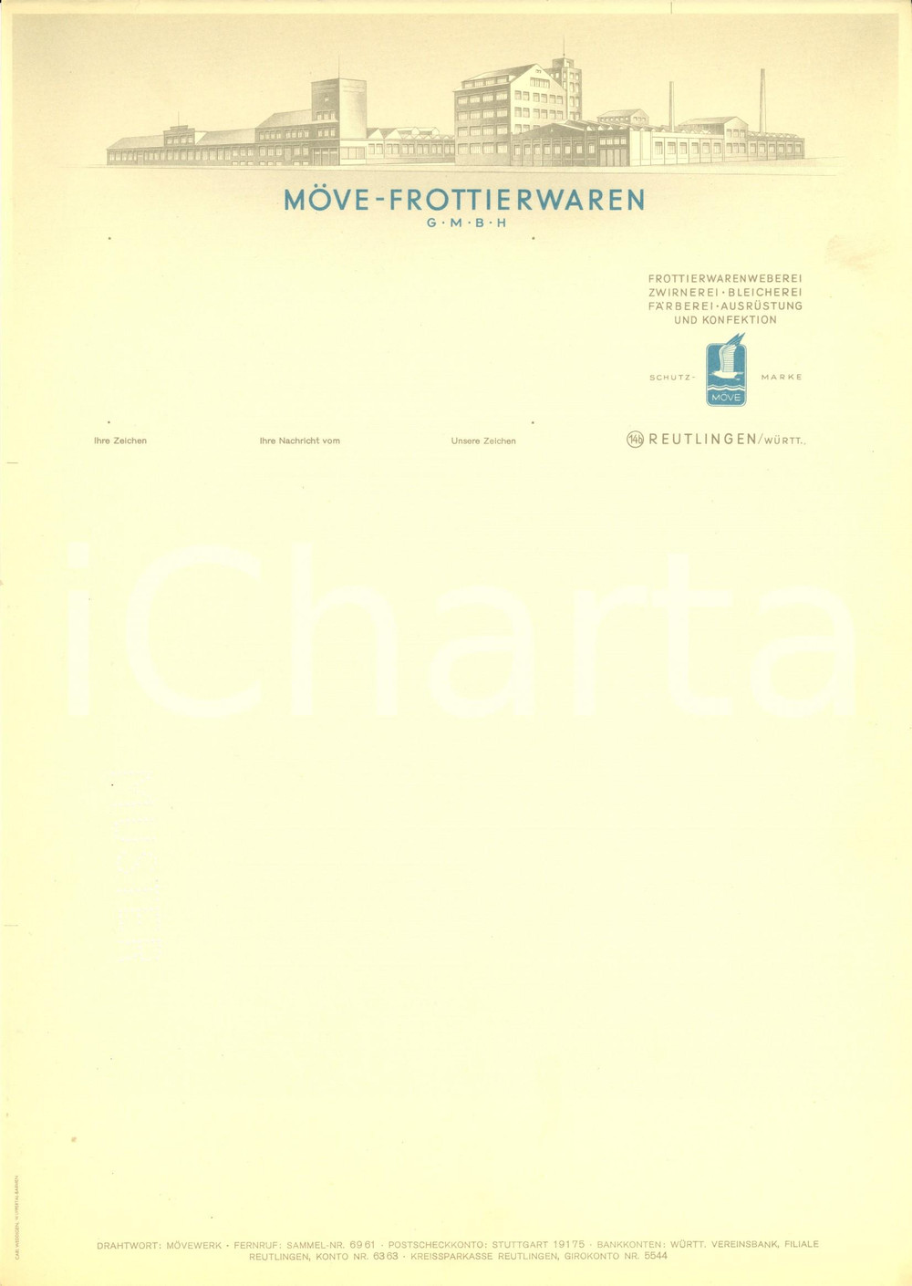 Materiale pubblicitario d’epoca 1950 ca REUTLINGEN D MOVEFROTTIERWAREN g.m.b.h. Carta intestata ILLUSTRATA 1
