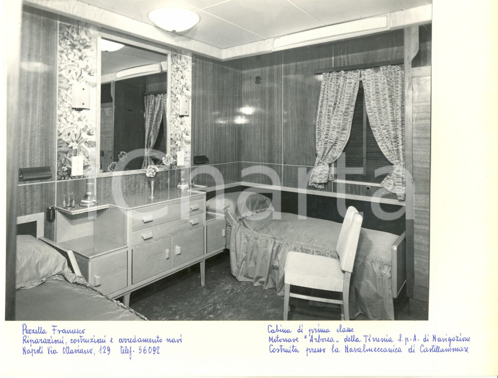 Fotografia d epoca originale 1960 ca TIRRENIA Motonave ARBOREA Cabina di 1 classe Francesco PEZZELLA 1