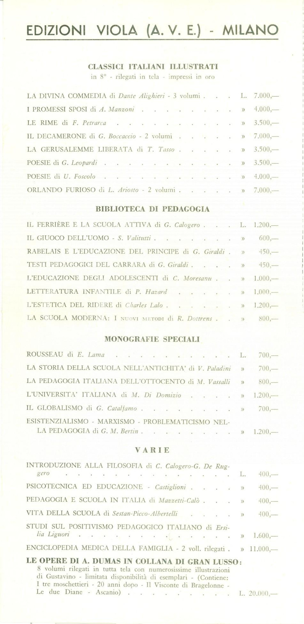 Materiale pubblicitario d’epoca 1955 MILANO Edizioni VIOLA A.V.E. Listino prezzi novitÃ  editoriali Opuscolo 1