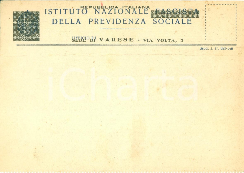 Documento originale, autentico 1948 VARESE Istituto Nazionale Previdenza Sociale cassature Repubblica Italiana 1