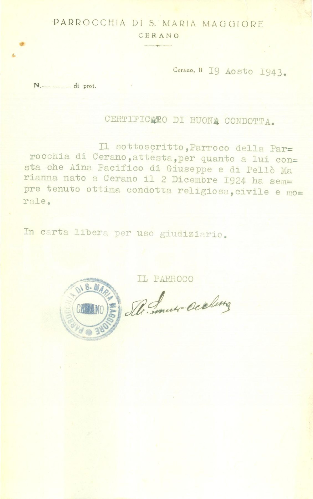 Documento originale, autentico 1943 CERANO NO Parroco Ernesto OCCHETTA garantisce per Pacifico AINA Autografo 1