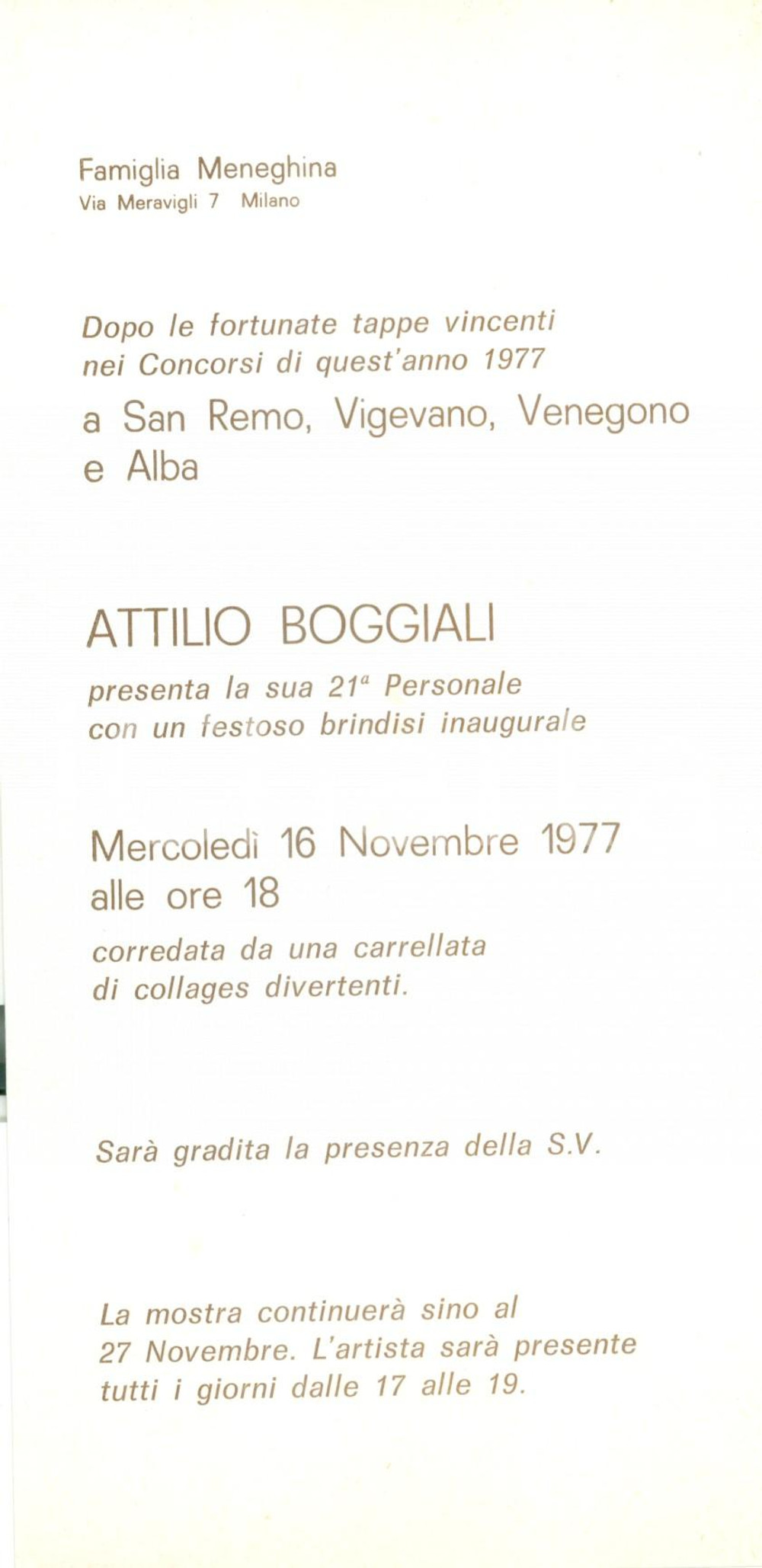 Materiale pubblicitario d’epoca 1977 MILANO Invito alla Personale di Attilio BOGGIALI Famiglia Meneghina 1