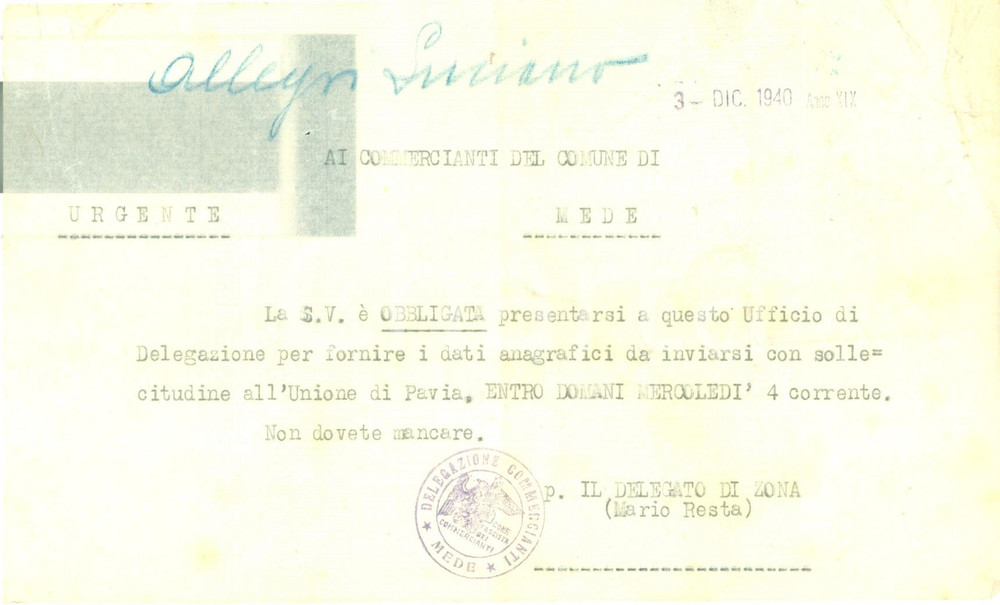 Documento originale, autentico 1940 MEDE PV Luciano ALLEGRI deve fornire urgentemente dati anagrafici 1