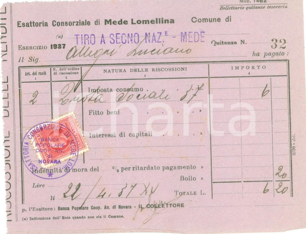 Documento originale, autentico 1937 MEDE PV Luciano ALLEGRI versa quota per tiro a segno Ricevuta 1