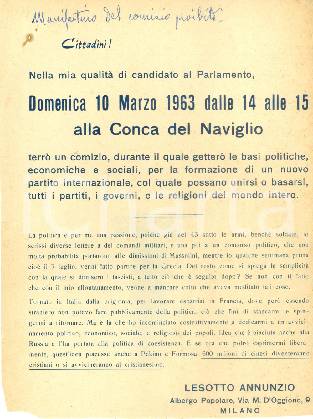 Documento originale, autentico 1963 MILANO Lesotto ANNUNZIO fa dimettere il Duce e converte i Cinesi 1