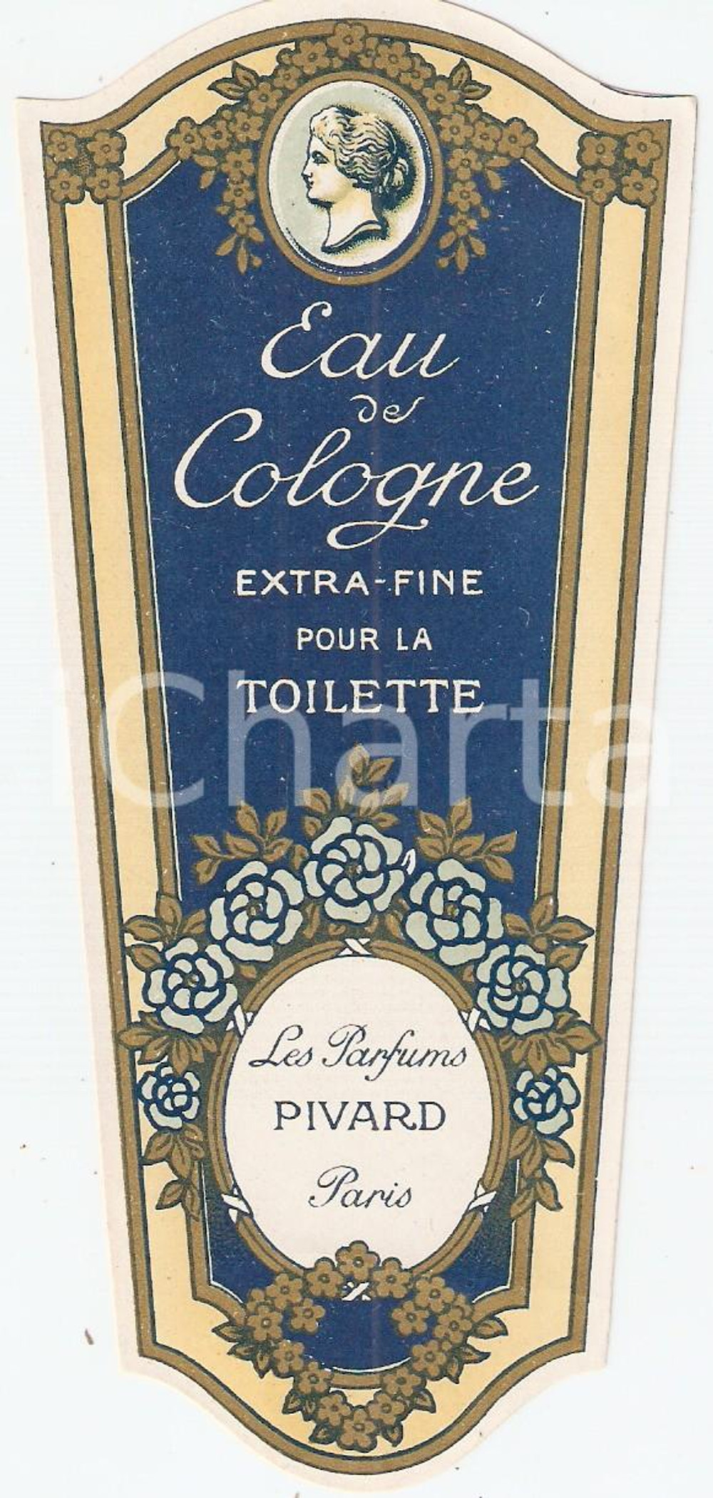 Materiale pubblicitario d’epoca 1950 ca PARIS Parfums PIVARD Eau de cologne Extrafine Etichetta ILLUSTRATA 1