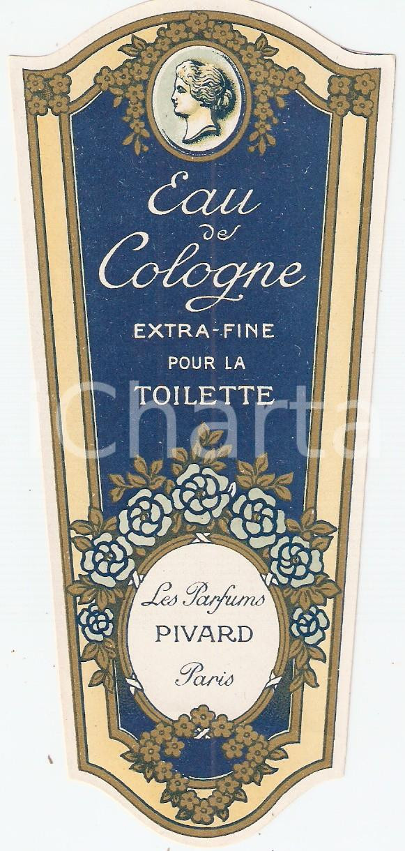 Materiale pubblicitario d’epoca 1950 ca PARIS Parfums PIVARD Eau de cologne Extrafine Etichetta ILLUSTRATA 1
