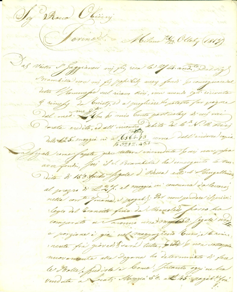 Documento originale, autentico 1817 TORINO Antonio TAVELLA a Rocco OBICINI Segale giace ancora invenduta 1