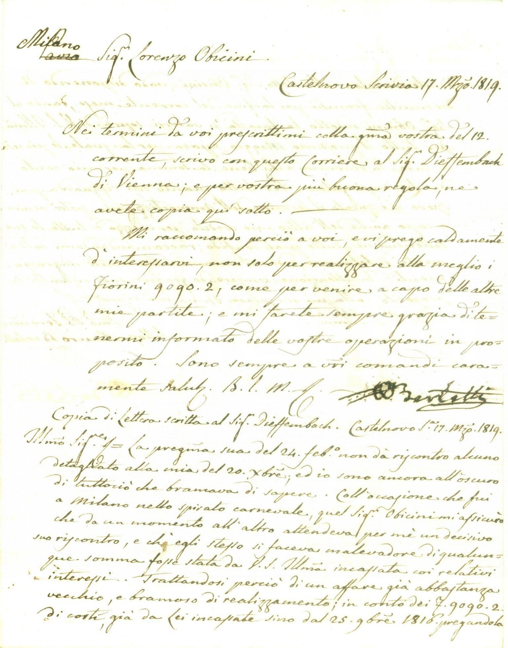 Documento originale, autentico 1819 CASTELNUOVO SCRIVIA Mauro BERTELLI tiene contatti con DIEFFENBACH a  VIENNA 1