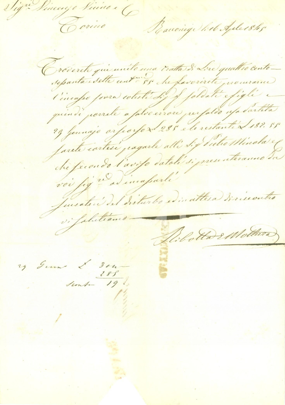 Documento originale, autentico 1845 RACCONIGI CN SocietÃ  RIBOTTA & MOTTURA invia tratta a Vincenzo VICINO 1