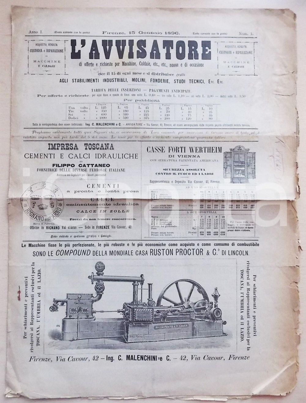 1896 FIRENZE Rivista L'AVVISATORE macchine caldaie fonderie ANNO I FASCICOLO I DATA: 15 gennaio 1896TITOLO: L'AVVISATOREANNO I - FASCICOLO IDESCRIZIONE: Rara copia del primo numero del periodico fiorentino L'Avvisatore, con pubblicazione di offerte e richieste per macchine e caldaie nuove e d'occasione; numerose illustrazioni di attrezzature nel testo.PAGINE: 8DIMENSIONI: cm 31 x 42CONDIZIONI: FAIR (piegatura centrale coeva, gualciture ai margini; intonso).    originale e autentica 1