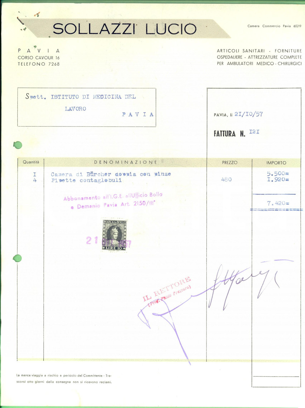 Documento originale, autentico 1957 PAVIA Lucio SOLLAZZI Articoli sanitari Fattura intestata 1