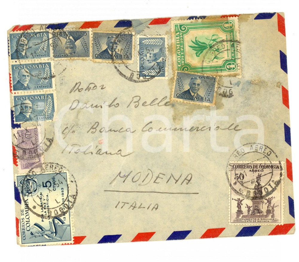 Cartolina originale da collezione 1954 STORIA POSTALE COLOMBIA Affrancatura striscia 1 cent.  monumento BOLIVAR 1