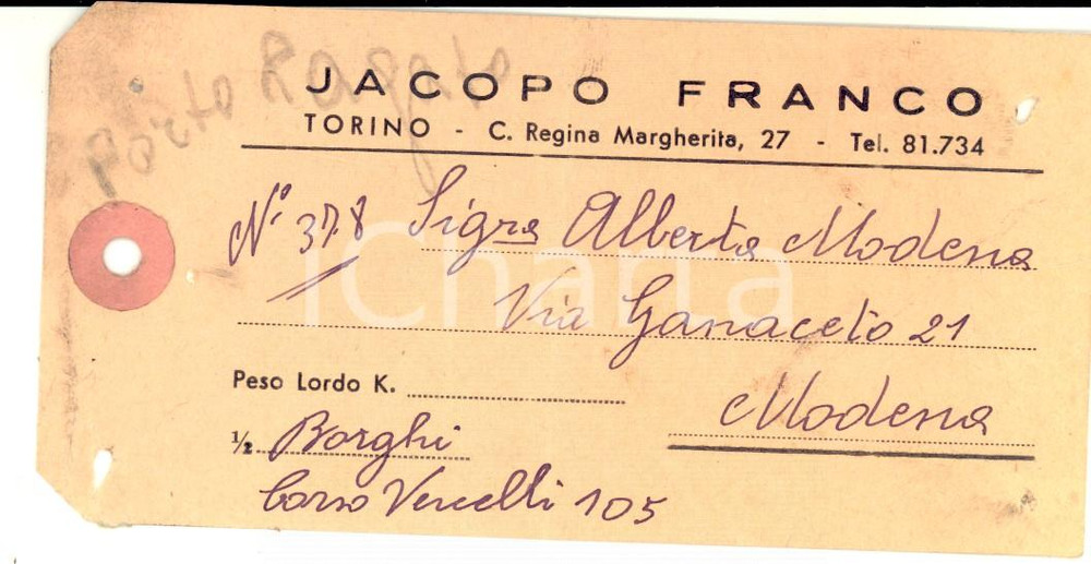 Materiale pubblicitario d’epoca 1940 ca TORINO SocietÃ  Jacopo FRANCO Etichetta per bagaglio 1