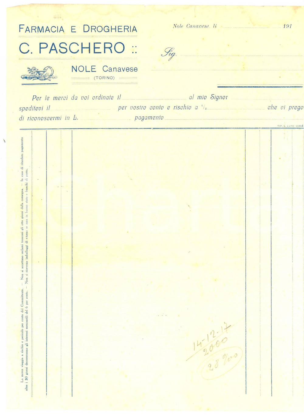 Documento originale, autentico 1910 ca NOLE TO Farmacia e drogheria C. PASCHERO  Carta intestata per fatture 1